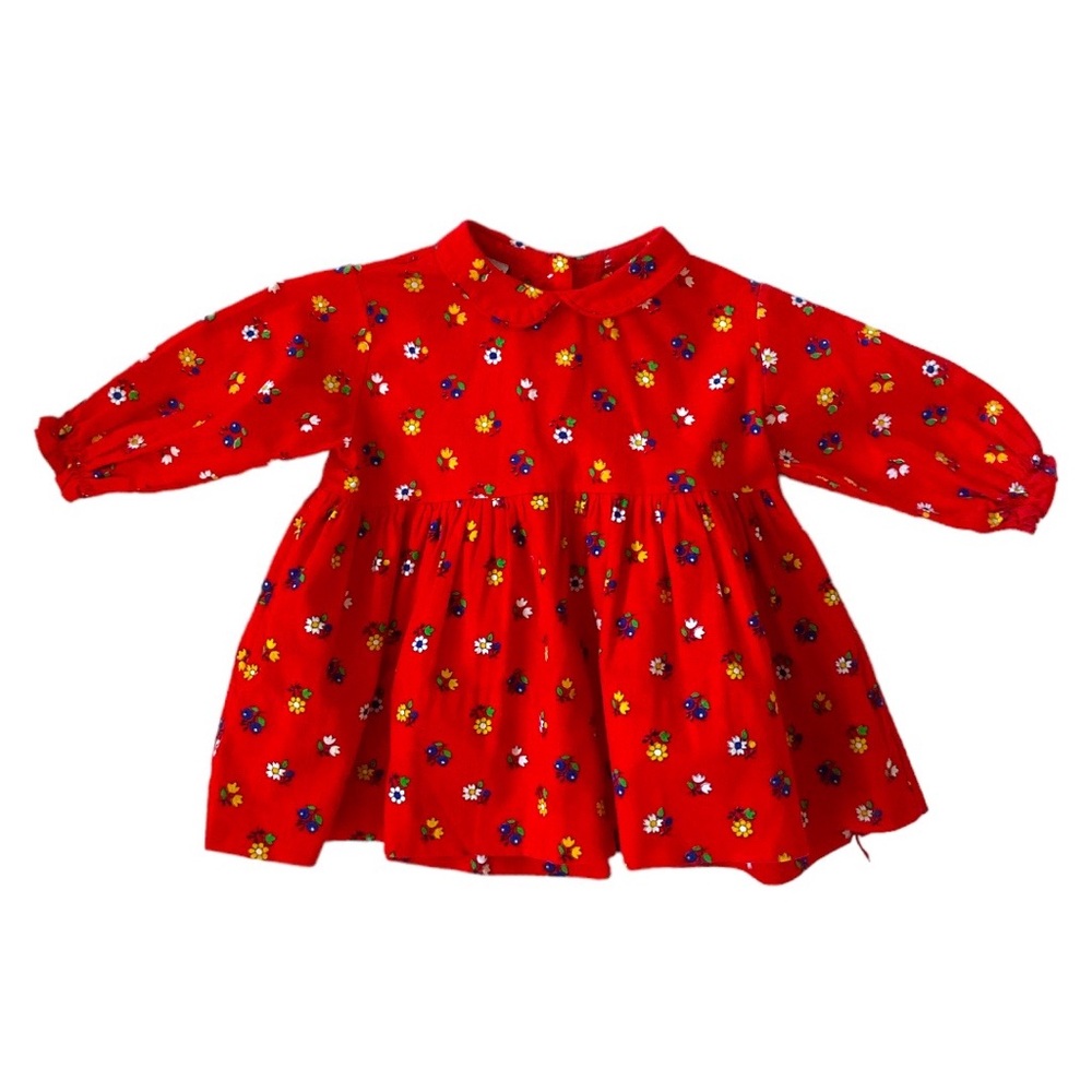 VINTAGE 50s 60s Dress Skirt Retro Red Floral Liberty Print Peter Pan Collar Long